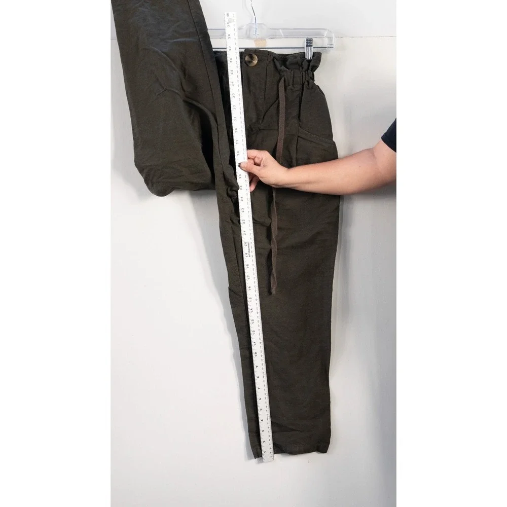 Zara Women Super High Waisted Paper bag Linen Blend Pant Green size XS